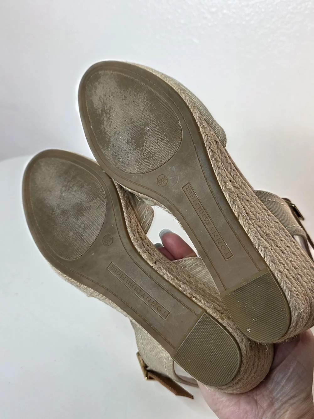 Tommy Hilfiger Nilsa Beige Espadrille Wedge Sandals with Ankle Strap Size 8.5